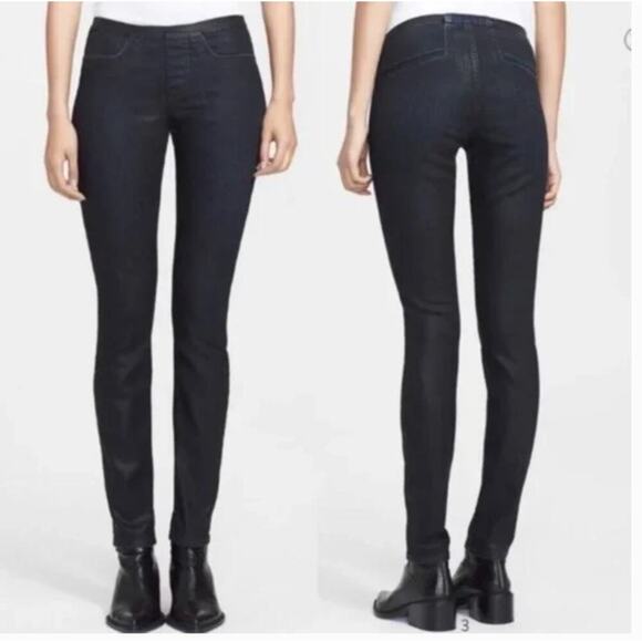 Helmut Lang Dark Wash Skinny‎ Jeans Faux Leather Coated Pull-On Size 25 - Picture 1 of 12